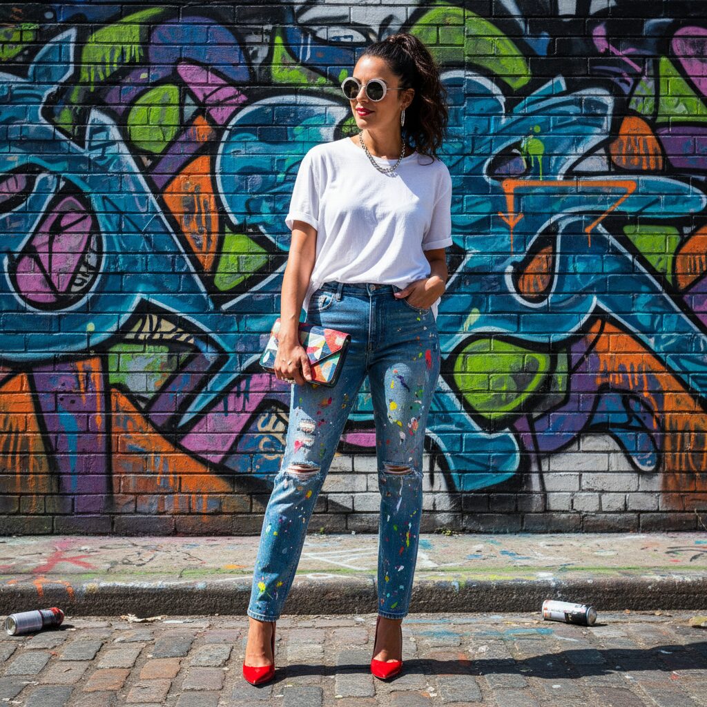 カラフルなグラフィティアートの壁を背景にポーズをとる30代のおしゃれな女性。大胆なペンキスプラッター加工のストレートデニムに、白のオーバーサイズTシャツと真っ赤なハイヒールを合わせ、アーティスティックでエッジの効いたスタイルを披露している。コントラストの強いストリート写真。