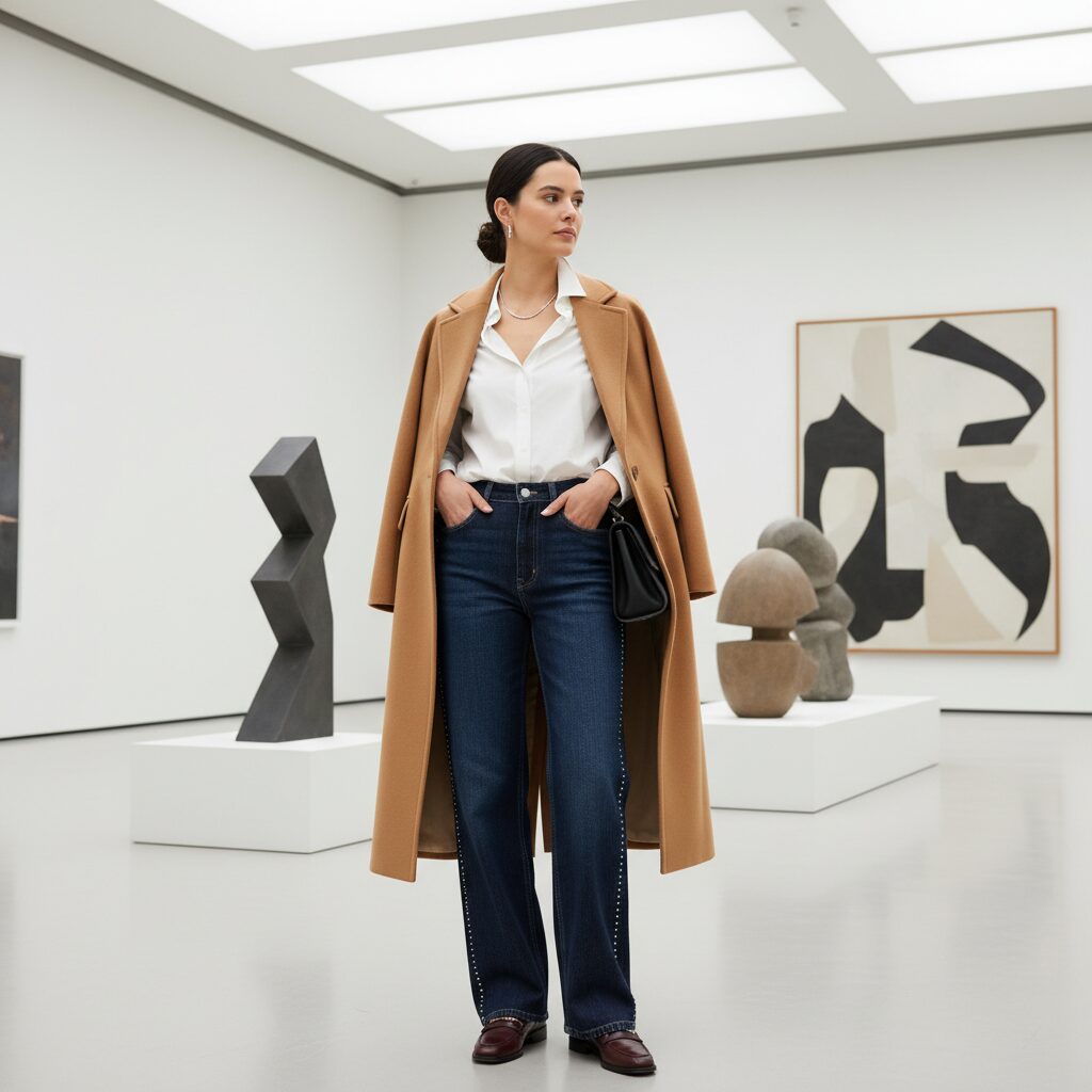 モダンでミニマルな美術館に立つ、洗練された女性。サイドシームに沿って上品なシルバースタッズが施されたダークインディゴのワイドデニムに、白いシャツを合わせ、キャメル色のロングコートを肩にかけている。プロのファッション撮影のような、柔らかく拡散した光が印象的な一枚。