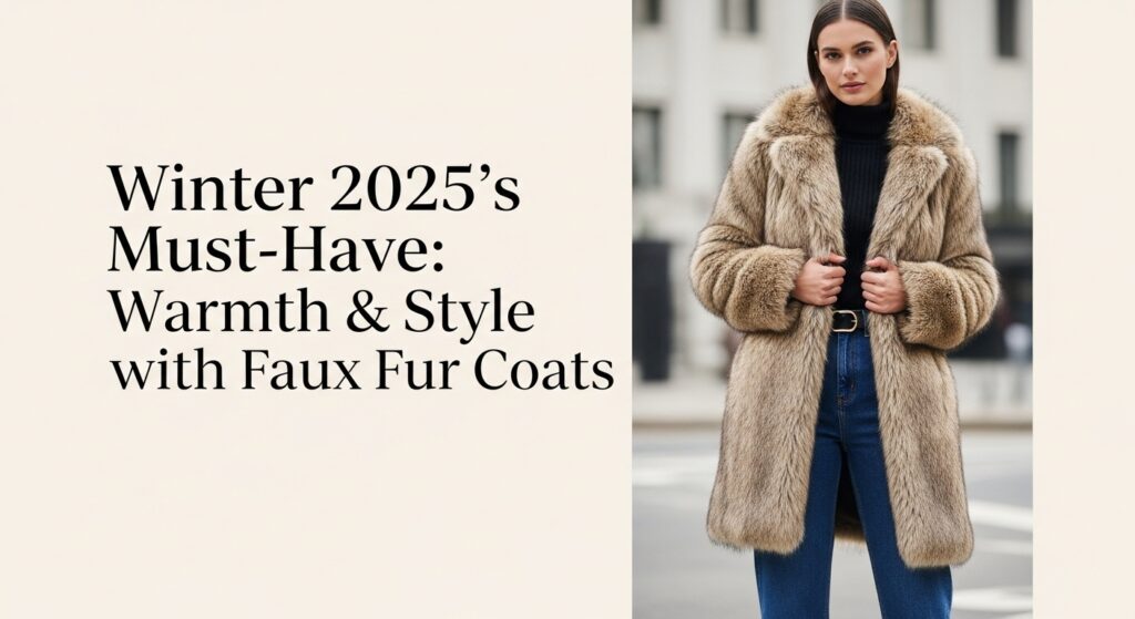 2025年冬の最新トレンドである、ふんわりとした質感のライトベージュのフェイクファーコートを羽織った女性の全身。都会的な背景で、上品かつ暖かそうな冬のコーディネート。