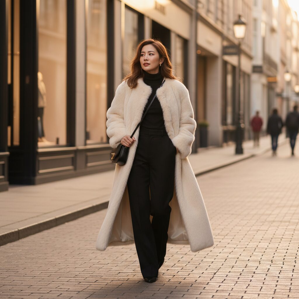 20代後半から30代前半の日本人女性が、クリーム色の豪華でボリュームのあるロングフェイクファーコートを着用。洗練された黒のワイドレッグパンツとシンプルなタートルネックを合わせ、都会のファッションストリートを優雅に歩いている全身写真。