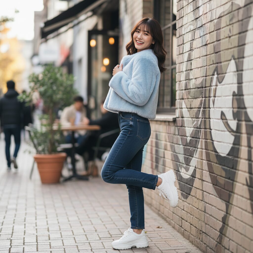 20代半ばの日本人女性が、パステルブルーのスタイリッシュなショートフェイクファージャケットを着用。ハイウエストの濃いデニムと白いチャンキーソールスニーカーを合わせ、トレンドのカフェ街で楽しげにポーズをとっている全身写真。