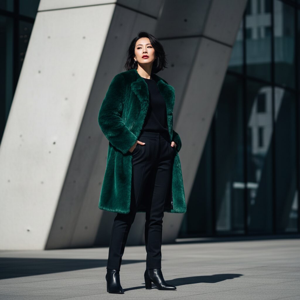 30代前半の日本人女性が、鮮やかなエメラルドグリーンのフェイクファーコートを主役に大胆な着こなし。インナーとボトムスはスリムな黒で統一し、黒のアンクルブーツを合わせている。モダンでミニマリストな都会の背景を背に、自信に満ちた表情で立つスリークォーターショット。