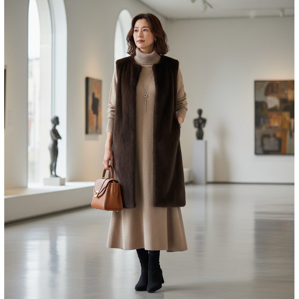 30代後半の日本人女性が、洗練された冬のレイヤードスタイルを披露。上品なブラウンのロングフェイクファーベストを、同系色のニュートラルカラーの薄手ニットワンピースの上に着用。エレガントなレザーハンドバッグを持っている。シックなアートギャラリーを背景に、柔らかく拡散された光の中で撮影されたプロのファッション写真。