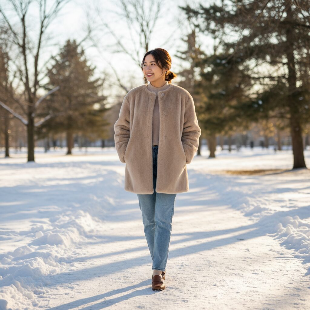 20代後半の日本人女性が、デイリーに着こなすため、少しオーバーサイズの居心地の良いベージュのフェイクファーコートを着用。ストレートのライトウォッシュジーンズと快適なローファーを合わせている。太陽の光が差し込む魅力的な冬の公園を、笑顔で歩いている全身写真。
