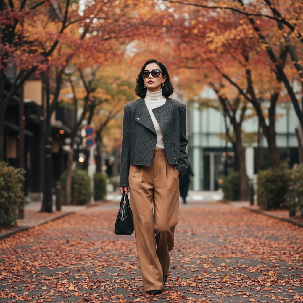 チャコールグレーのアシンメトリーなクロップドジャケットに、キャメル色のハイウエストワイドパンツを合わせた20代後半の日本人女性。秋の紅葉が美しい東京の街を、構築的なレザーハンドバッグを持って歩いている。プロのファッション誌のような、柔らかい自然光の中の全身ストリートスナップ写真。