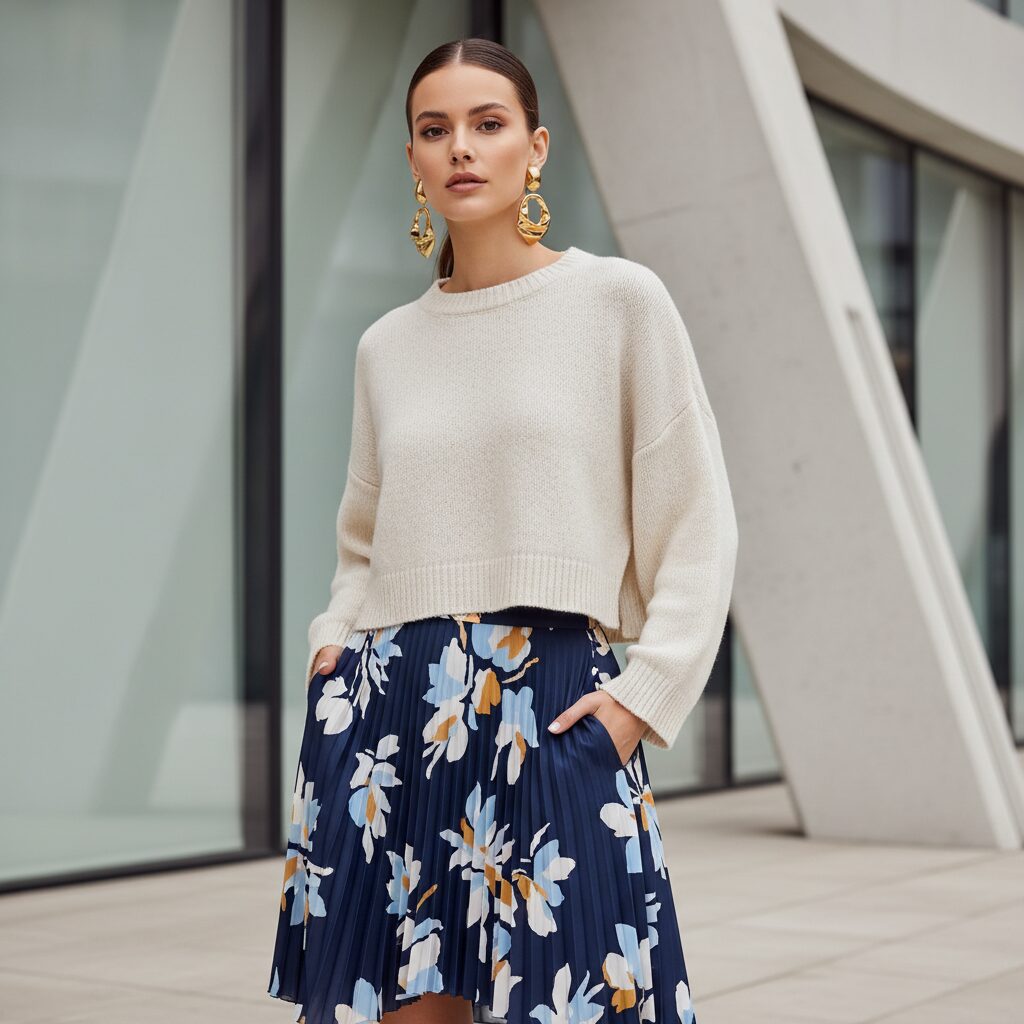 クリーム色のクロップド丈チャンキーニットに、ネイビー無地と花柄が組み合わされたアシンメトリーなプリーツスカートを着たおしゃれな女性。モダンな建築を背景にポーズをとっており、ゴールドの大ぶりなイヤリングがアクセントになっている。ファッション誌のような洗練された雰囲気の一枚。