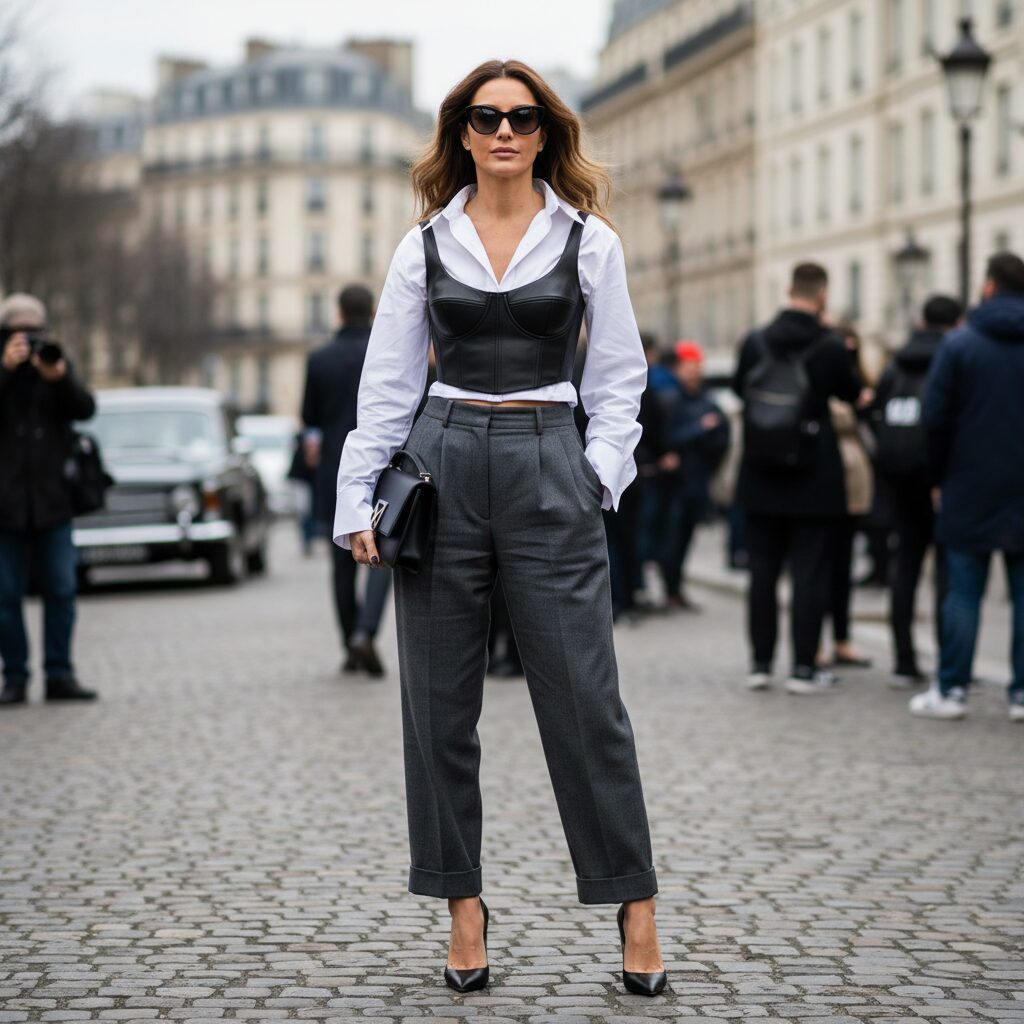パリ・ファッションウィークでの30代前半の女性のストリートスナップ。白のオーバーサイズシャツの上に黒のレザークロップドビスチェを重ね着し、グレーのテーラードパンツを合わせている。シャープなポインテッドトゥのヒールとサングラスで、シックでダイナミックな雰囲気を醸し出している。