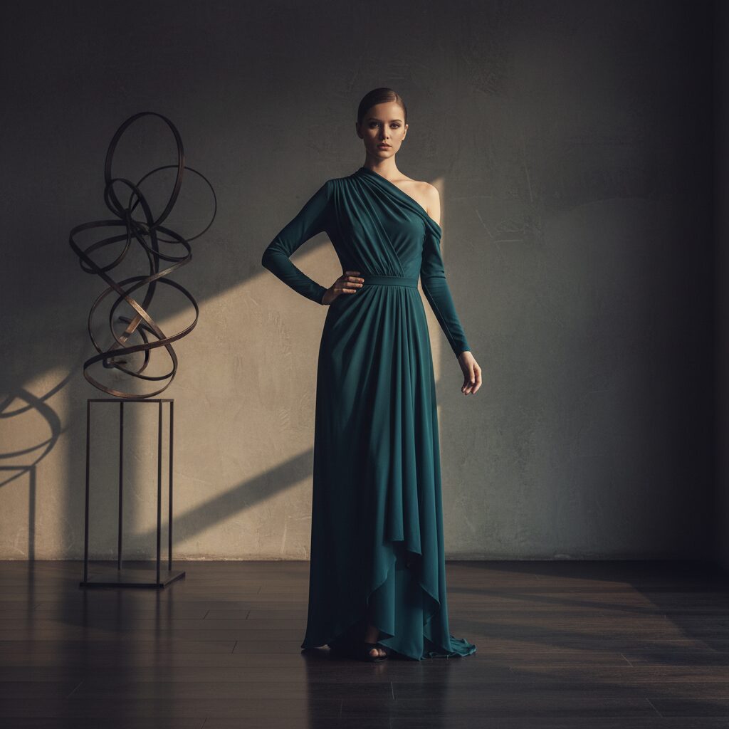 深いティール色のアシンメトリーなロングスリーブドレスを着た女性の全身写真。片方はハイネック、もう片方はオフショルダーになったデザインで、胴体部分には繊細なドレープが施されている。柔らかな光が差す洗練された室内で、芸術的でムーディーな雰囲気が漂う。