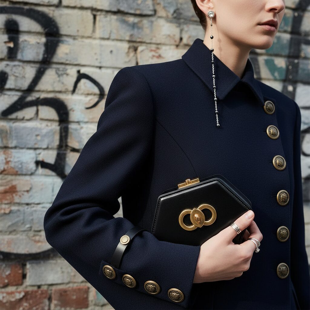 ファッション感度の高い人物のアクセサリーに焦点を当てたクローズアップ写真。片方は長く、もう一方はスタッドタイプのアシンメトリーなイヤリング、幾何学的な形のミニバッグ、そして特徴的なボタンが付いたジャケットの袖口が写っている。都会的な壁を背景に、アイテムのディテールや質感が際立っている。