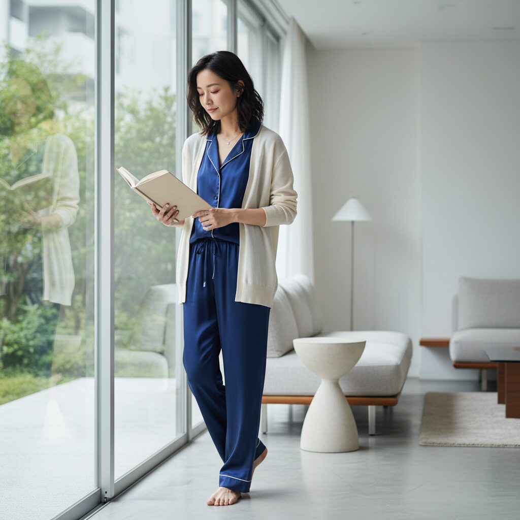 深みのあるジェムカラーの光沢あるシルクパジャマに、薄手のカシミヤカーディガンを羽織った20代後半の日本人女性の全身写真。ミニマリストなリビングの大きな窓辺で本を読み、柔らかな自然光が差し込む様子。