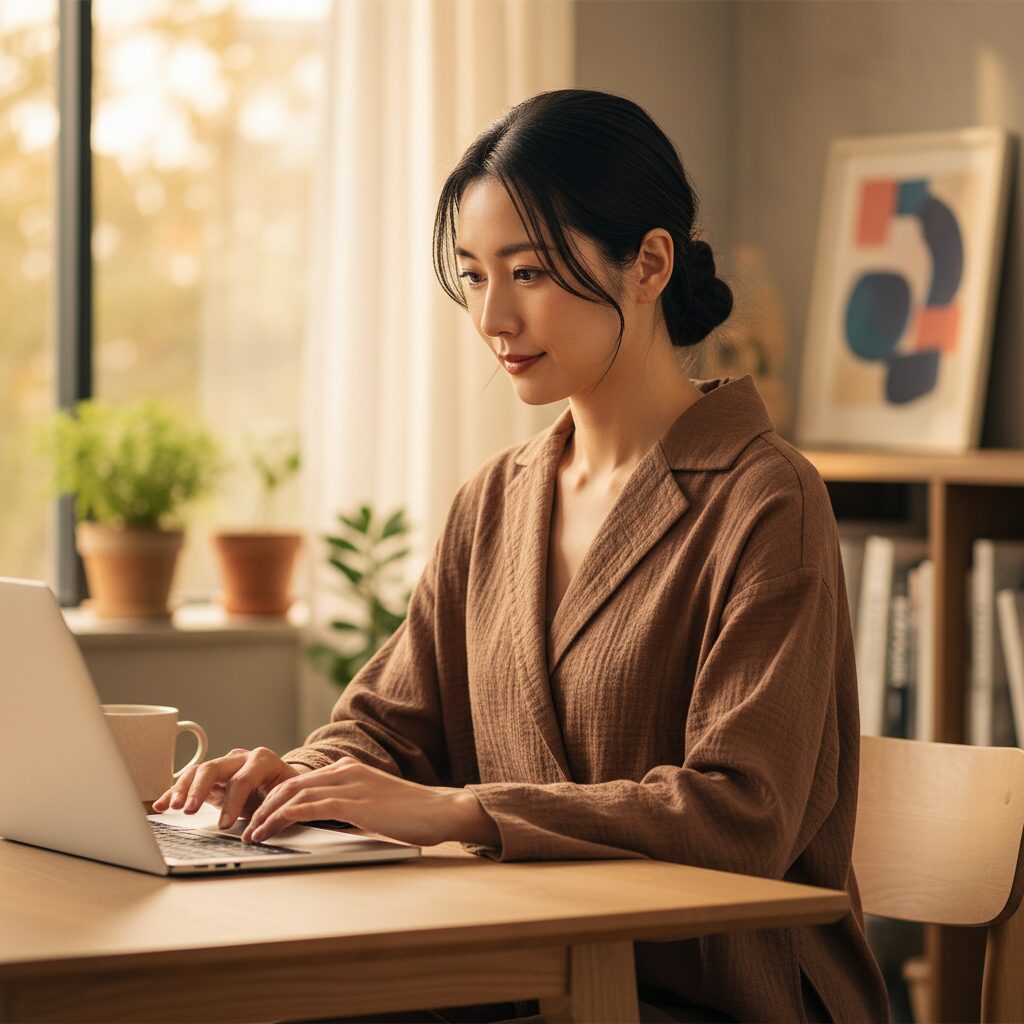 高品質なオーガニックコットン製のアースカラーのラウンジウェアを着た日本人女性の上半身のクローズアップ。スタイリッシュな木製デスクでノートパソコンに向かいリモートワークをしており、髪はきれいにまとめられている。背景は温かみのある自宅オフィスが柔らかくボケている。