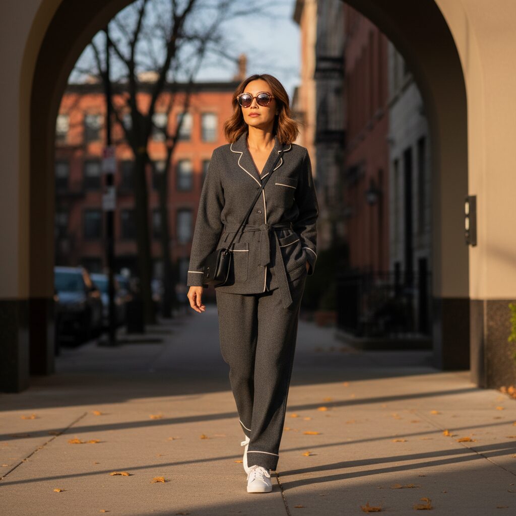 エレガントなパイピングが施されたフランネル素材のパジャマセットに、ミニマルなスニーカーと小さなクロスボディバッグを合わせ、近所の買い物に出かける30代前半の日本人女性の全身写真。シャープな秋の光が当たる都会的な背景でのストリートスナップ。