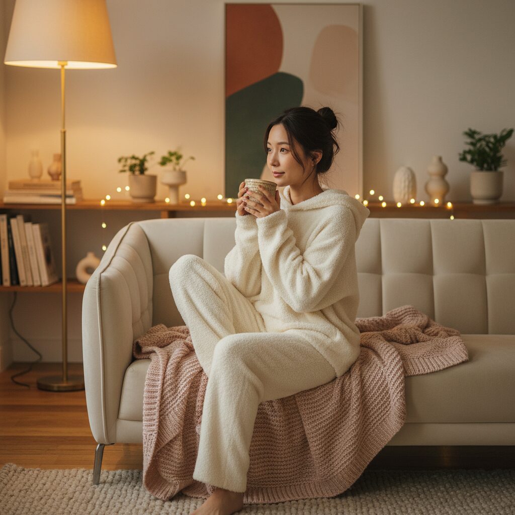 ふかふかとした柔らかなニットのラウンジウェアを着て、豪華なソファに座っている20代後半の日本人女性の暖かく居心地の良いシーン。セラミックのマグカップで温かいお茶を飲み、ブランケットが足元に掛けられている。背景は温かい照明で飾られた魅力的なリビングスペース。気分が伝わるライフスタイル写真。