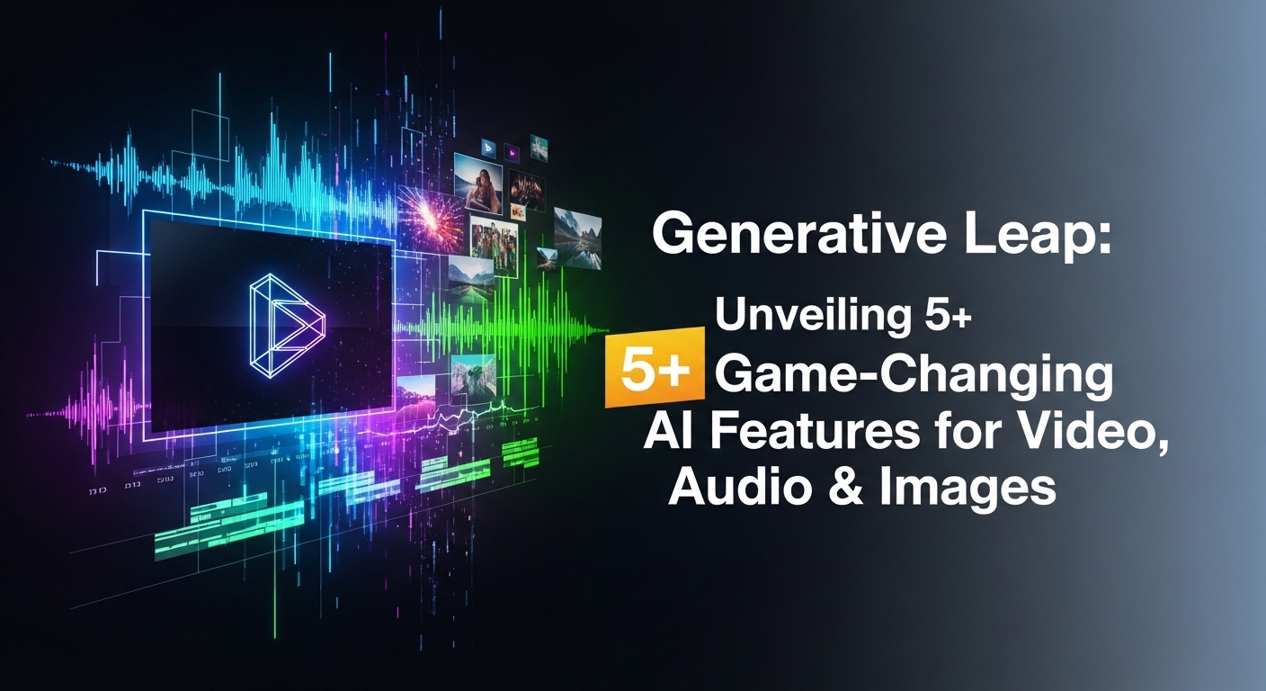 Adobe Fireflyのロゴと、AIが生成した未来的な画像、音声、動画のアイコンが融合しているイメージ。創造的なエネルギーが放射されている。