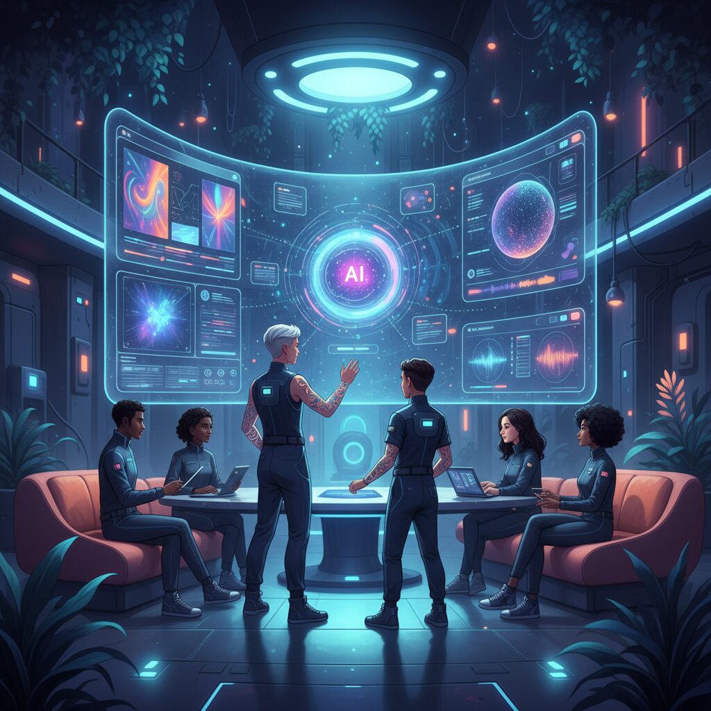 柔らかい光に包まれた未来的なクリエイティブスタジオ。多様なアーティストたちが、ホログラフィックディスプレイ上でAdobe Fireflyの画像生成、動画編集、音声操作のインターフェースを共同で操作している。中央の人物が動的なAIインターフェースを指し示している。