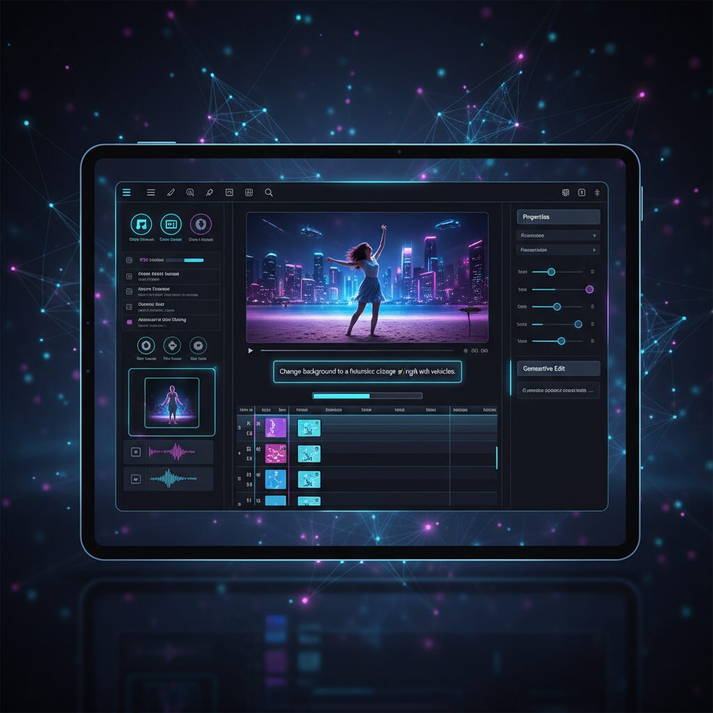 Adobe Fireflyの新しい動画編集インターフェースが表示されたデジタルタブレットのクローズアップ。AI機能が強調され、ユーザーがテキストプロンプト一つでビデオクリップの背景を簡単に変更している様子が映し出されている。画面には詳細な音声波形と複雑な動画レイヤーが反射している。