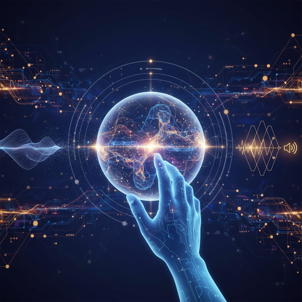 浮遊する球状のインターフェースを操作する手が、AIによって音波を複雑な音楽パターンに視覚的に変換している。背景には、ノイズ除去や音声合成といったFireflyのオーディオAI機能の抽象的な表現が描かれている。