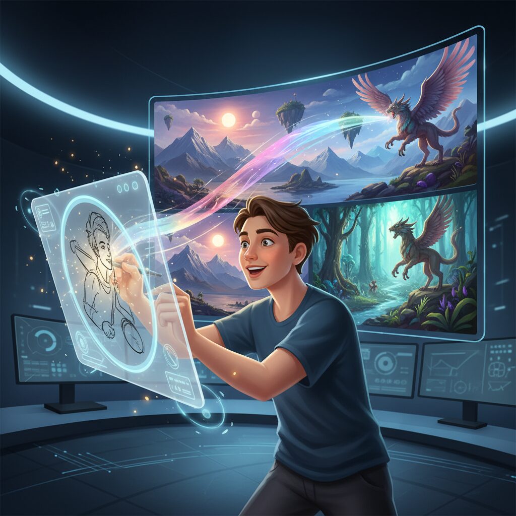 光のキャンバスでスケッチするデジタルアーティスト。彼が描くと同時に、Adobe Fireflyの画像生成AIが彼の大まかな入力に基づいて、非常に詳細なフォトリアルな風景や幻想的な生物を即座にレンダリングしている。アーティストの顔には畏敬とインスピレーションが浮かんでいる。