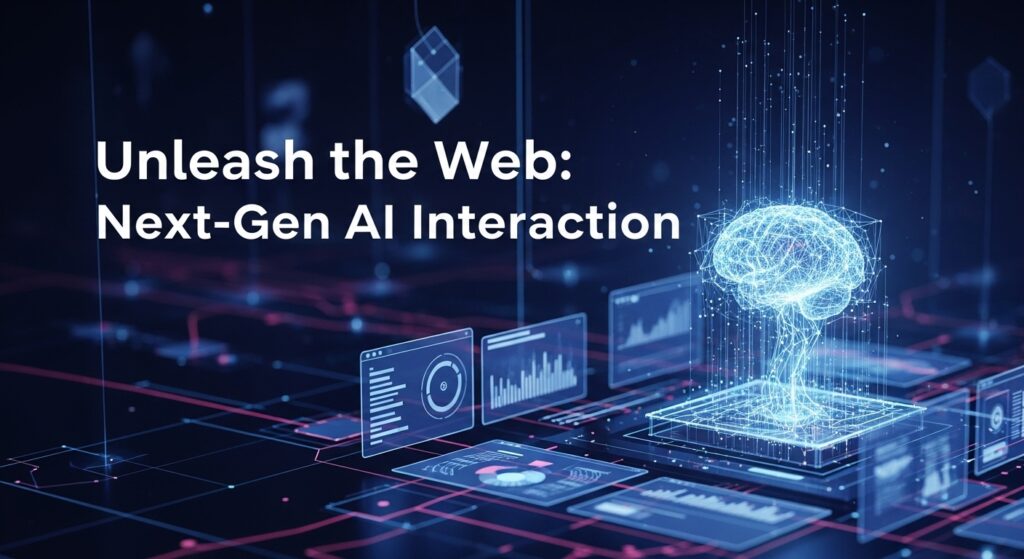 人間の指のようにウェブインターフェースのボタンを正確にクリックする、光るAIの指。Google Gemini 2.5 Computer Useが実現する、より直感的なAIとウェブの相互作用を象徴する。