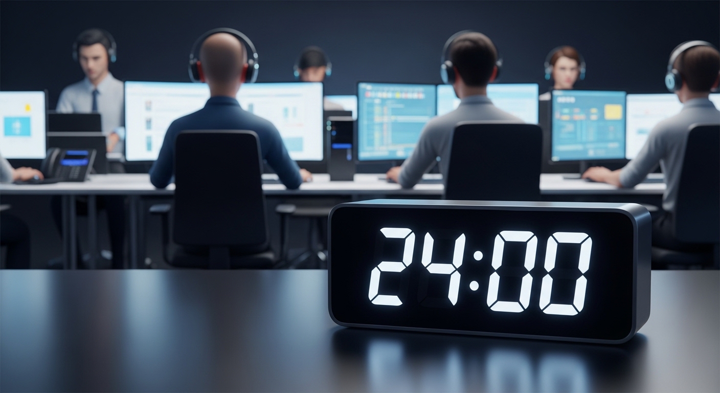 デジタル時計が「24:00」と表示され、背景では複数のデジタルアバターが熱心に作業している様子。連続的な24時間体制の運用というコンセプトを表している。