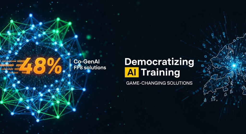 AIモデルのトレーニング効率が劇的に向上している様子を示すデジタルブレインの画像。香港理工大学の技術革新が象徴されている。