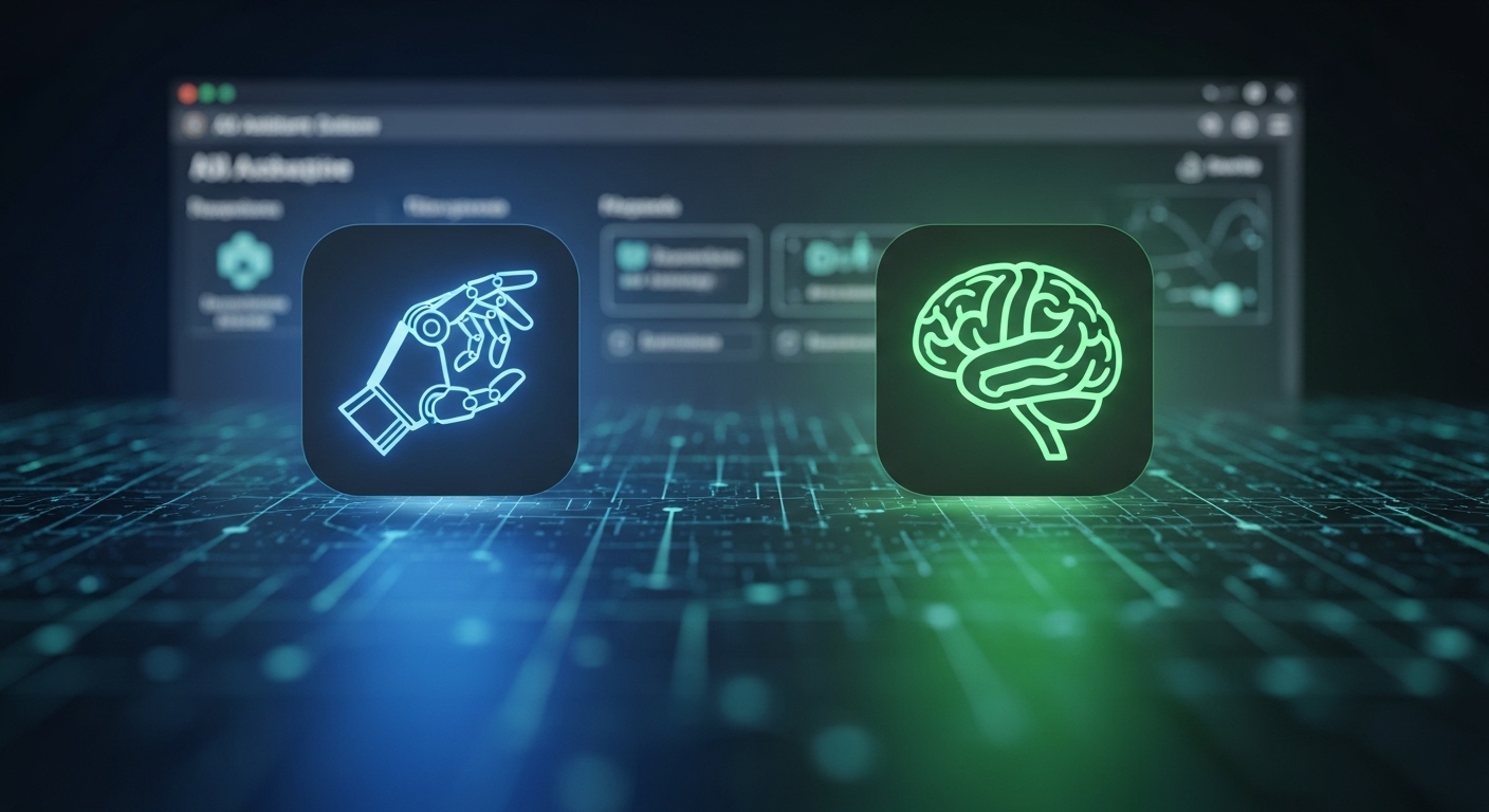 青い光を放つロボットの手と緑の光を放つ脳のシンボルという2つの異なるAIアシスタントのアイコンが、デジタルブラウザのインターフェースの前に立っており、AIブラウザ市場での激化する競争を象徴している。