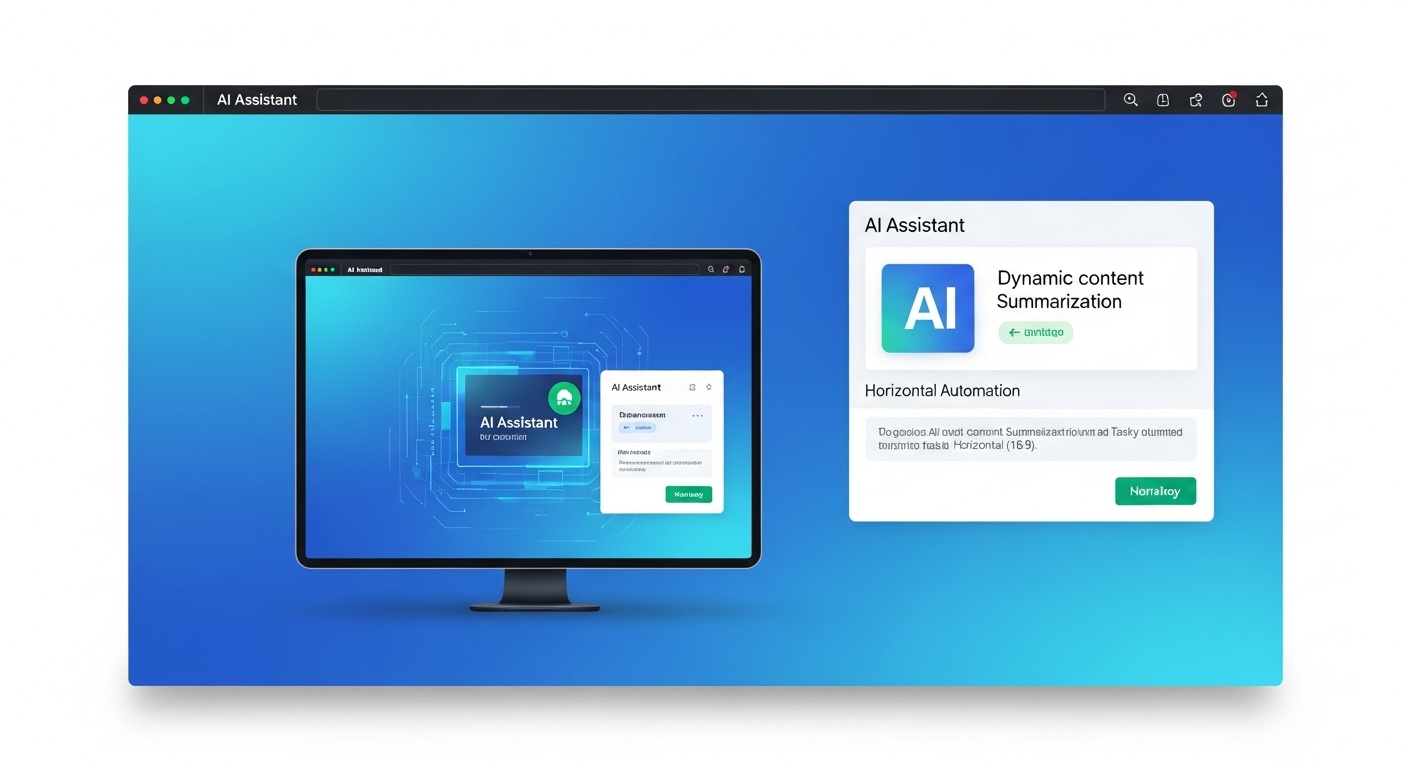 AIアシスタント機能が前面に表示された未来的なウェブブラウザのインターフェース。動的なコンテンツ要約とタスク自動化が示されており、青と緑の配色。