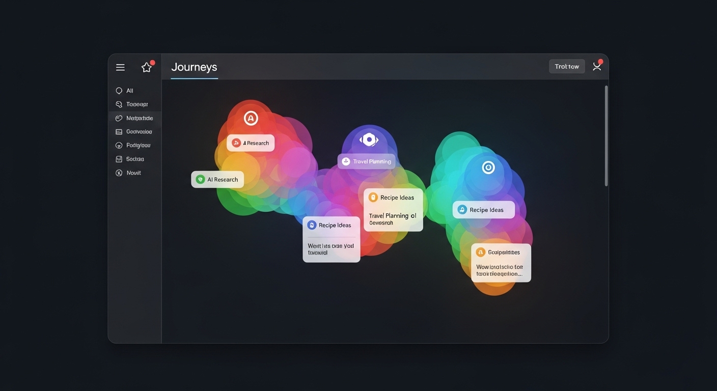 ブラウザの「Journeys」機能のデジタル表現。過去の閲覧履歴がトピックごとにグループ化された相互接続された泡で表示されており、インテリジェントな調査整理を説明している。