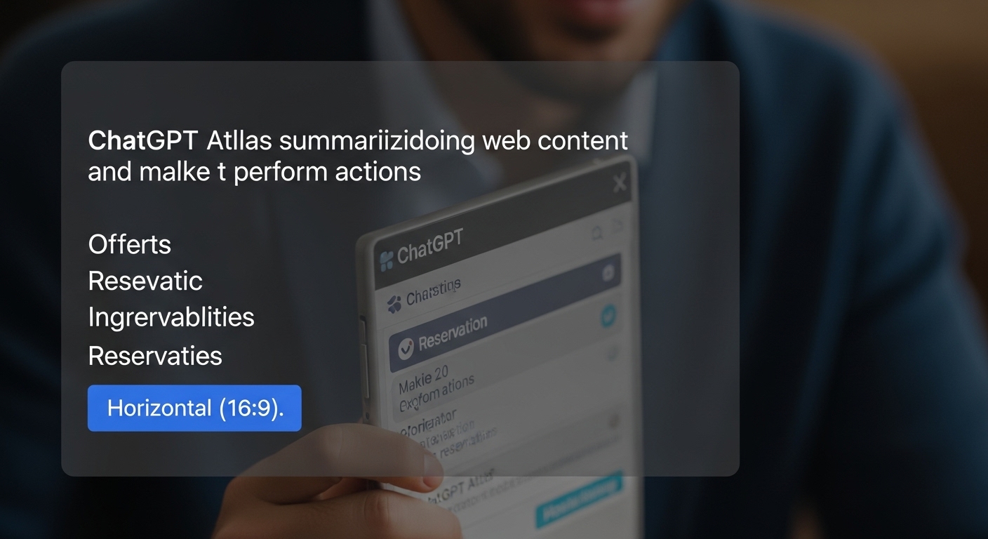 ユーザーの画面のクローズアップで、ChatGPT Atlasのサイドバーがウェブコンテンツを要約し、予約をするなどのアクションを提案している様子が示されており、エージェント機能が強調されている。