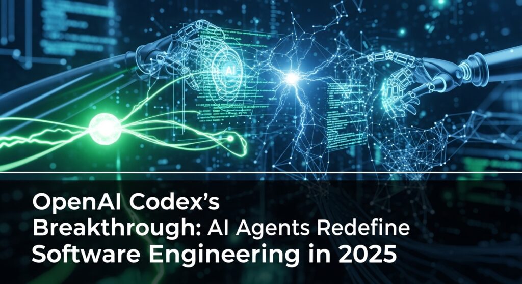 AIがチームの一員としてソフトウェア開発に貢献している様子。複雑なコードや設計図がAIと人間の間で共有され、迅速な開発を促進しているイラスト。