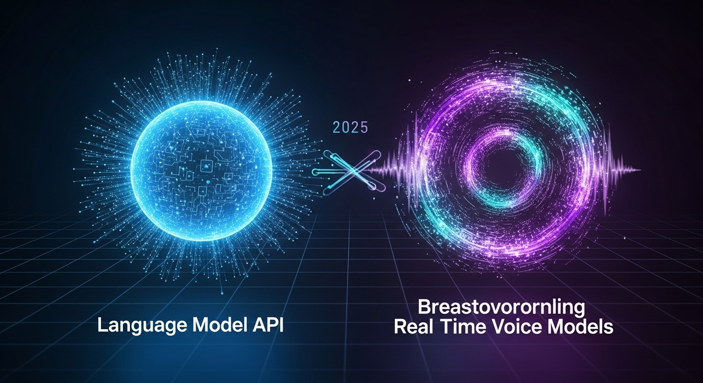 近未来的なデジタルインターフェース上で、GPT-5 Proとリアルタイム音声モデルを象徴するAIチップと波形が表示されている。開発者が新たな可能性を模索する様子を表現している。