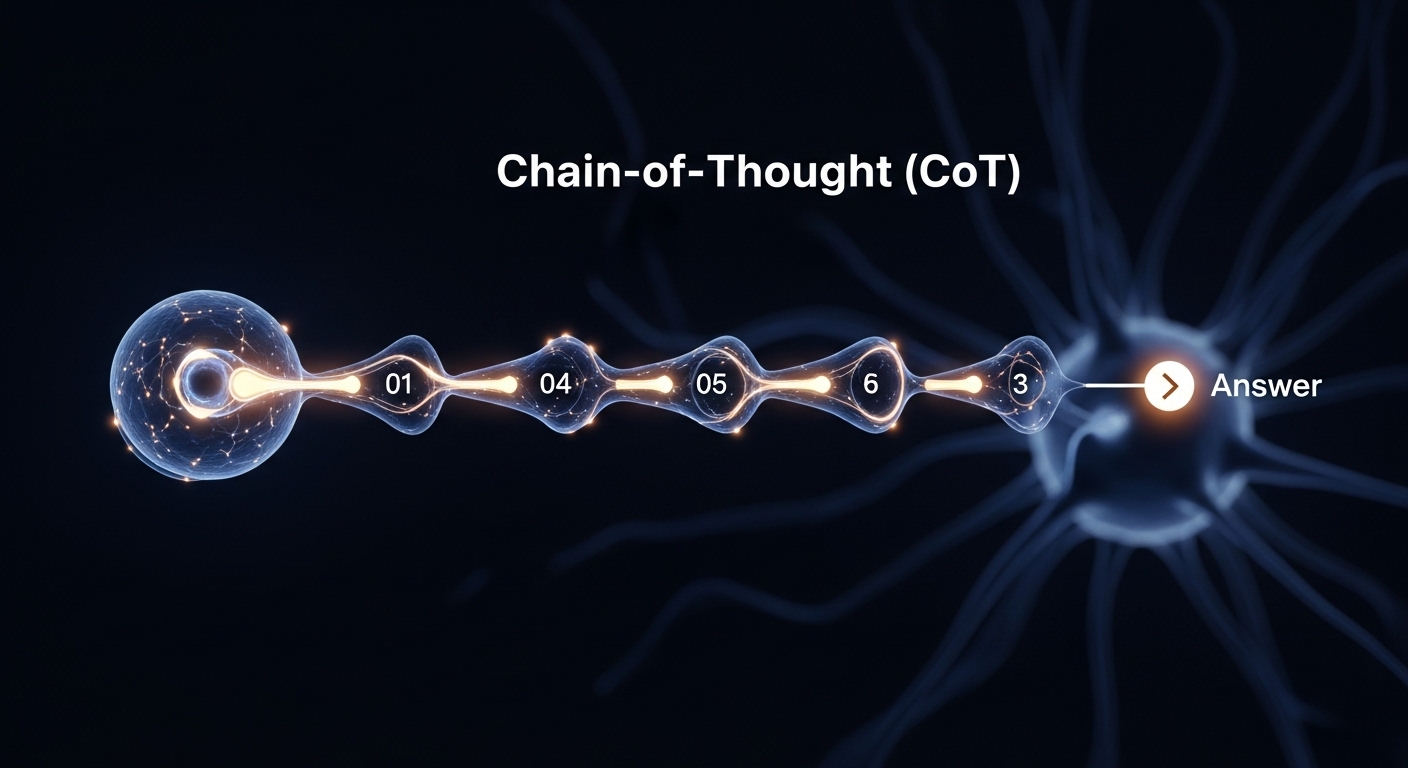 思考の連鎖（Chain-of-Thought）プロンプティング手法を図解した、様式化されたイラスト。光るニューラルネットワーク内で段階的な思考プロセスが示され、正確な回答へと導かれている。