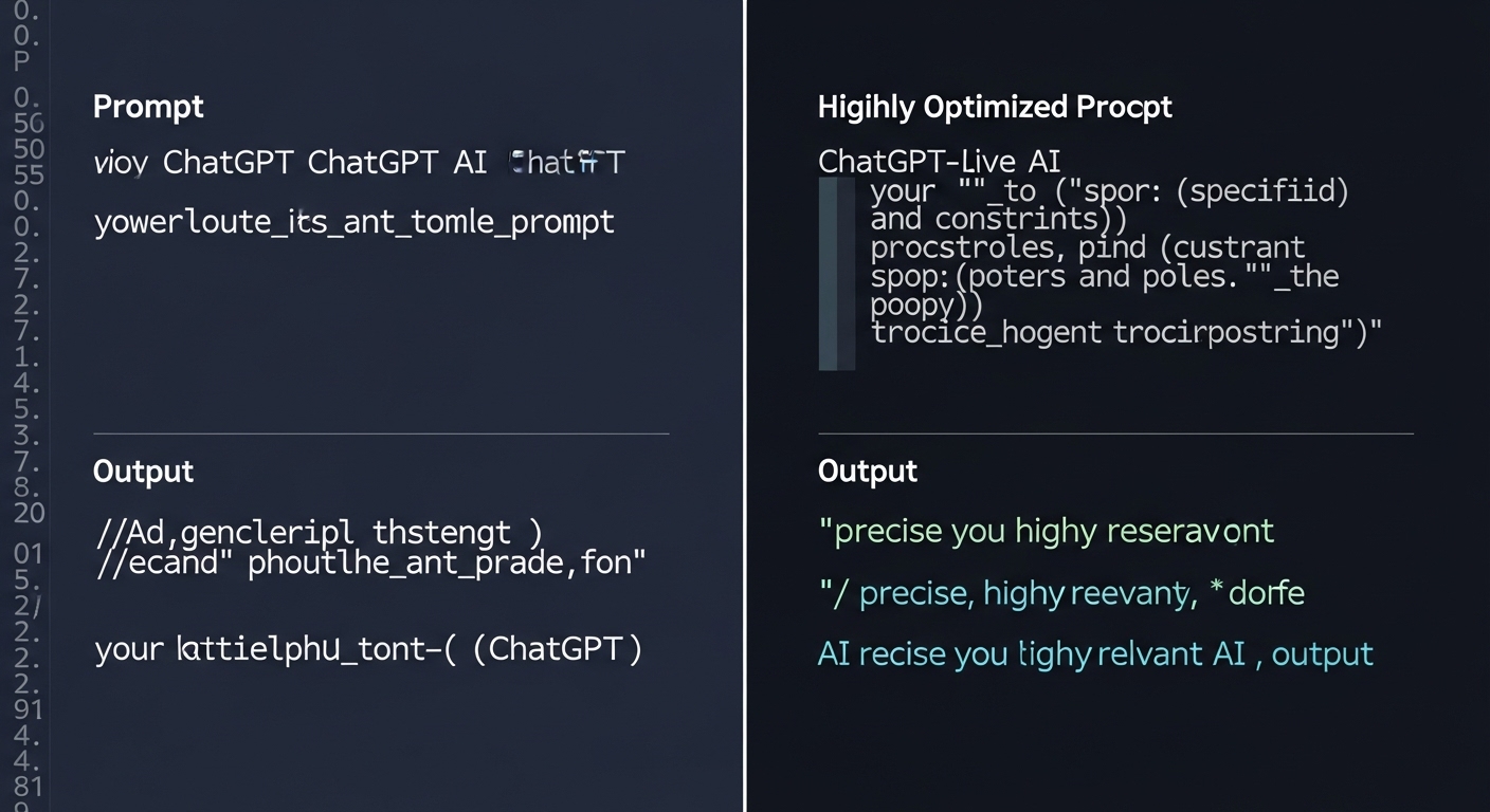 ChatGPTにおけるプロンプトの比較を示す分割画面。片方には曖昧なプロンプト、もう片方には役割や制約が明確に指定された最適化されたプロンプトが並び、それぞれのプロンプトから生成された対照的なAIの出力結果（一般的なものと精密なもの）が示されている。