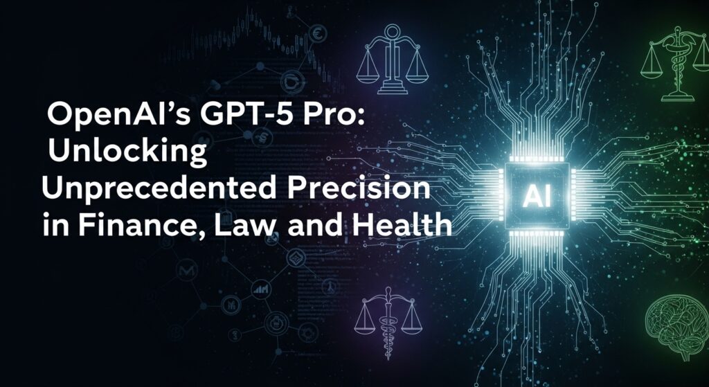 金融、法律、健康分野の専門データが融合し、AIが解析しているイメージ。複雑なグラフや法典、医療画像がデジタル空間に浮かび上がっている。