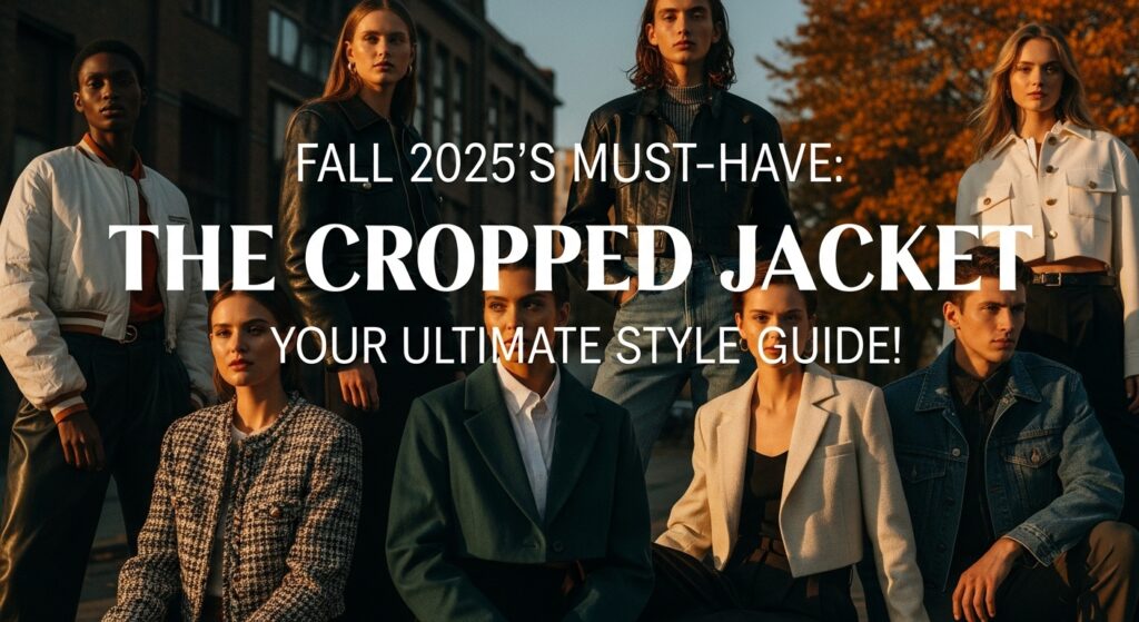 都会のカフェテラスで、グレーのクロップド丈ツイードジャケットにハイウエストのワイドパンツを合わせた、笑顔の日本人女性。洗練された秋のファッションスナップ。