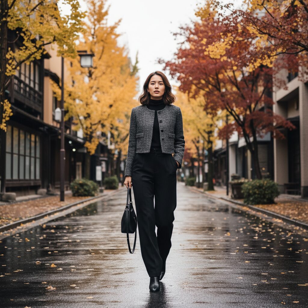 20代後半のシックな日本人女性が、ダークグレーのツイードクロップドジャケット、黒のハイネックトップス、ハイウエストの黒ワイドパンツを着用し、秋の紅葉が見える少し雨上がりの東京の街を自信を持って歩いている全身写真。ストリートスナップ風で、落ち着いた秋の色合いと柔らかな自然光が特徴。