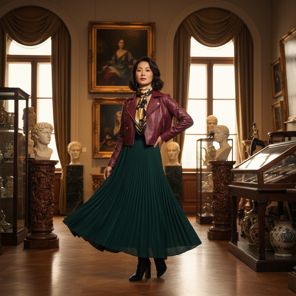 30代前半の日本人女性が、リッチなバーガンディ色のクロップドフェイクレザージャケットと、それに合う深緑のプリーツロングスカートをエレガントに着こなしている。アンティーク品が飾られた美術館で優雅にポーズをとっている。プロのファッション撮影で、暖かく洗練された照明が特徴。