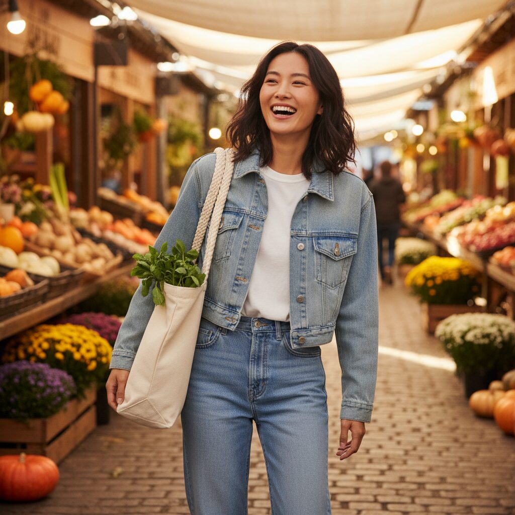 20代半ばのモダンな日本人女性が、ミニマルな白の長袖Tシャツとハイウエストのストレートデニムの上に、カジュアルながらスタイリッシュなクロップドデニムジャケットを羽織っている。晴れた秋の日に屋外マーケットを楽しんでおり、おしゃれなキャンバストートバッグを持っている。ライフスタイル写真風で、明るく開放的な雰囲気の中での飾らない瞬間。