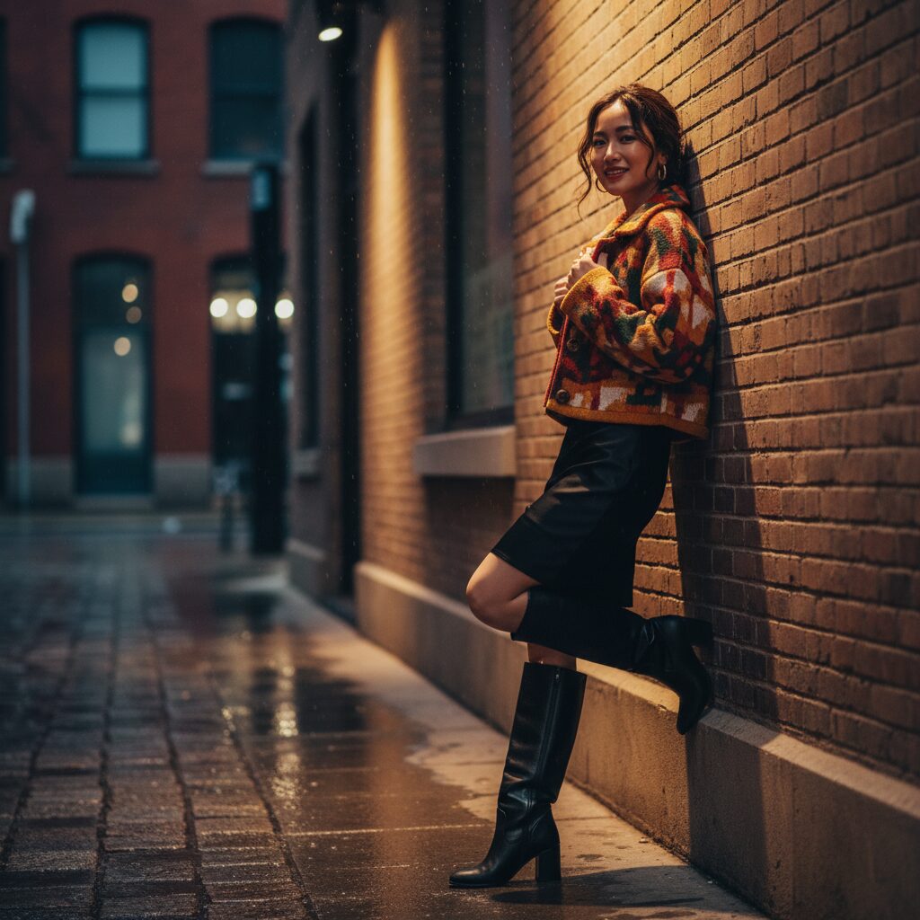 20代後半の日本人女性が、鮮やかな柄のクロップドニットジャケット、シンプルな黒のスリップドレス、ニーハイブーツを合わせた遊び心のある秋のルックを披露している。夕暮れ時のトレンディな都会の路地で、控えめにライトアップされたレンガの壁を背景にポーズをとっている。エディトリアルなファッション撮影で、ムーディーで雰囲気のある照明。