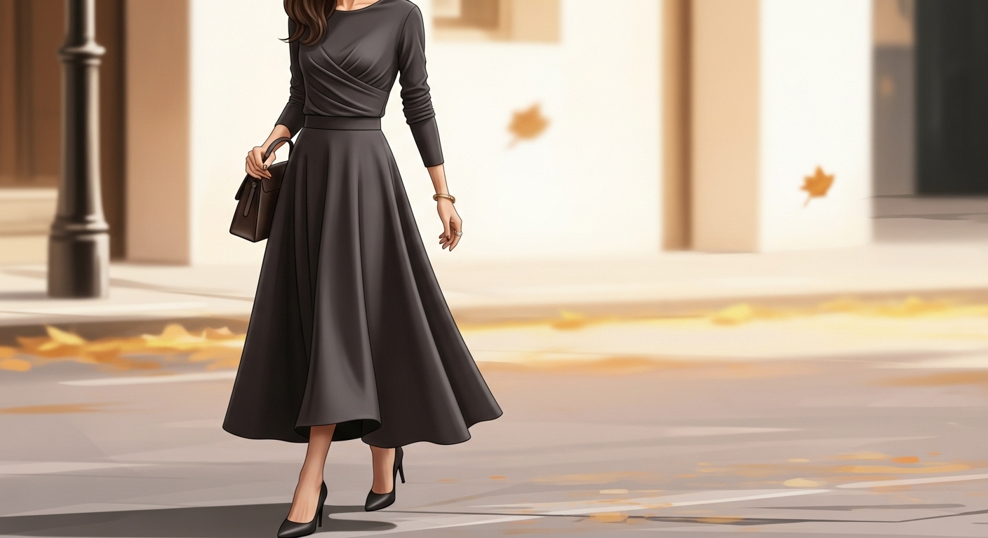 深まる秋の街路を優雅に歩く、現代的なファッションをまとった一人の女性の全身像。彼女は、歩くたびに流れるように揺れる、深みのあるチャコールグレーまたはリッチブラウンのウール製ミディ丈Aラインスカートを着用している。トップスは身頃に控えめなドレープが施された洗練された長袖のもので、全体としてクワイエットラグジュアリーと自然体の優雅さを体現する、シャープでありながら流麗なシルエットが強調されている。手にはミニマルなレザーのハンドバッグを持ち、背景には、紅葉した落ち葉がわずかに見え、温かく柔らかな秋の光が差し込む、洗練された都会の街並みがぼんやりと描かれている。上品で落ち着いた雰囲気のファッションイラストレーション。