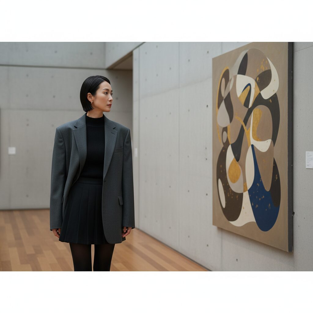 30代前半の日本人女性が、上品なボブヘアで、チャコールグレーのオーバーサイズブレザーと黒のプリーツ超ミニスカートを着用。ブレザーの下にはハイネックの黒ニットを着ており、モダンなアートギャラリーで絵画を鑑賞している。洗練されたミニマリストなファッション写真で、柔らかな光が印象的。