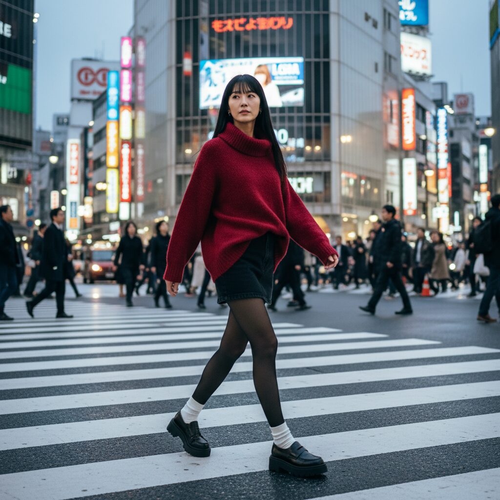 30代前半の日本人女性が、艶やかなストレートヘアで、鮮やかな深紅のオーバーサイズニットチュニックと黒のデニム超ミニスカートを着用。黒の厚手タイツと白ソックスを合わせたチャンキーなローファーを履き、夕暮れの渋谷の賑やかな交差点を颯爽と横断している。ネオンが輝く都会の背景で、動きを感じさせるダイナミックなストリートスナップ写真。