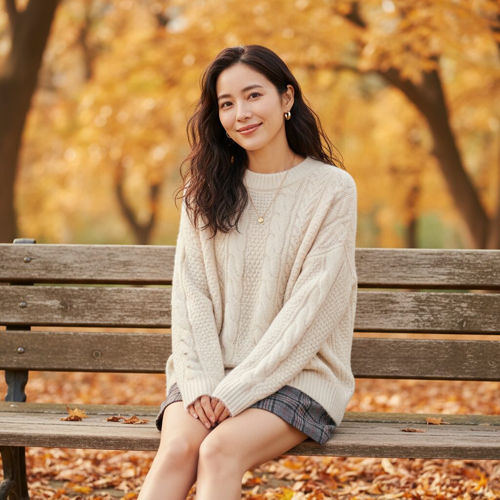 20代後半の日本人女性が、リラックスした笑顔で、クリーム色のオーバーサイズケーブルニットセーターとチャコールグレーのチェック柄超ミニスカートを着用。繊細なゴールドネックレスと小さなフープイヤリングを身につけ、紅葉に囲まれた公園の木製ベンチに座っている。明るく開放的な、居心地の良い雰囲気のライフスタイルファッション写真。