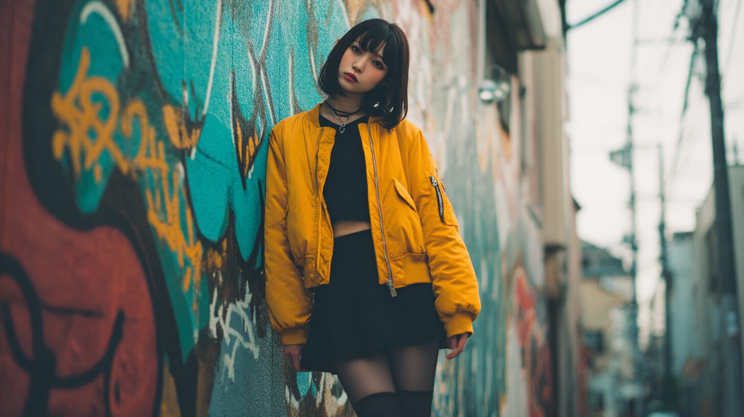 マスタードイエローのボンバージャケットに黒のミニスカートとタイツを合わせた日本人女性。グラフィティ壁の前でポーズ、日中の拡散光。