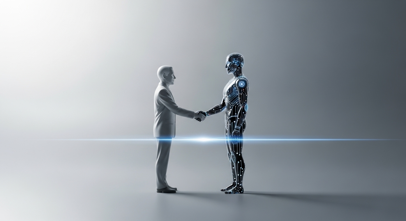 成人ユーザーを表す抽象的な人物と、洗練されたAIを表すもう一人の人物が、かつて彼らを隔てていたぼやけた境界線の上で握手をしている。これは、新しいインタラクションとコンテンツ共有の時代を象徴している。