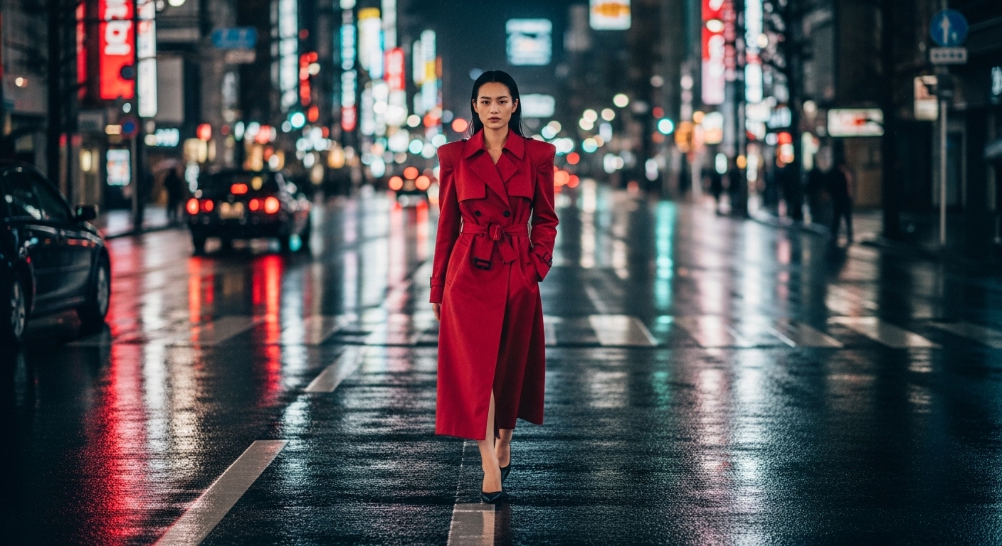 夜の東京の濡れた路上を自信に満ちた表情で歩く日本人モデル。鮮やかなクリムゾンレッドのトレンチコートを纏い、ネオンと車の反射がダイナミックな背景を形成。