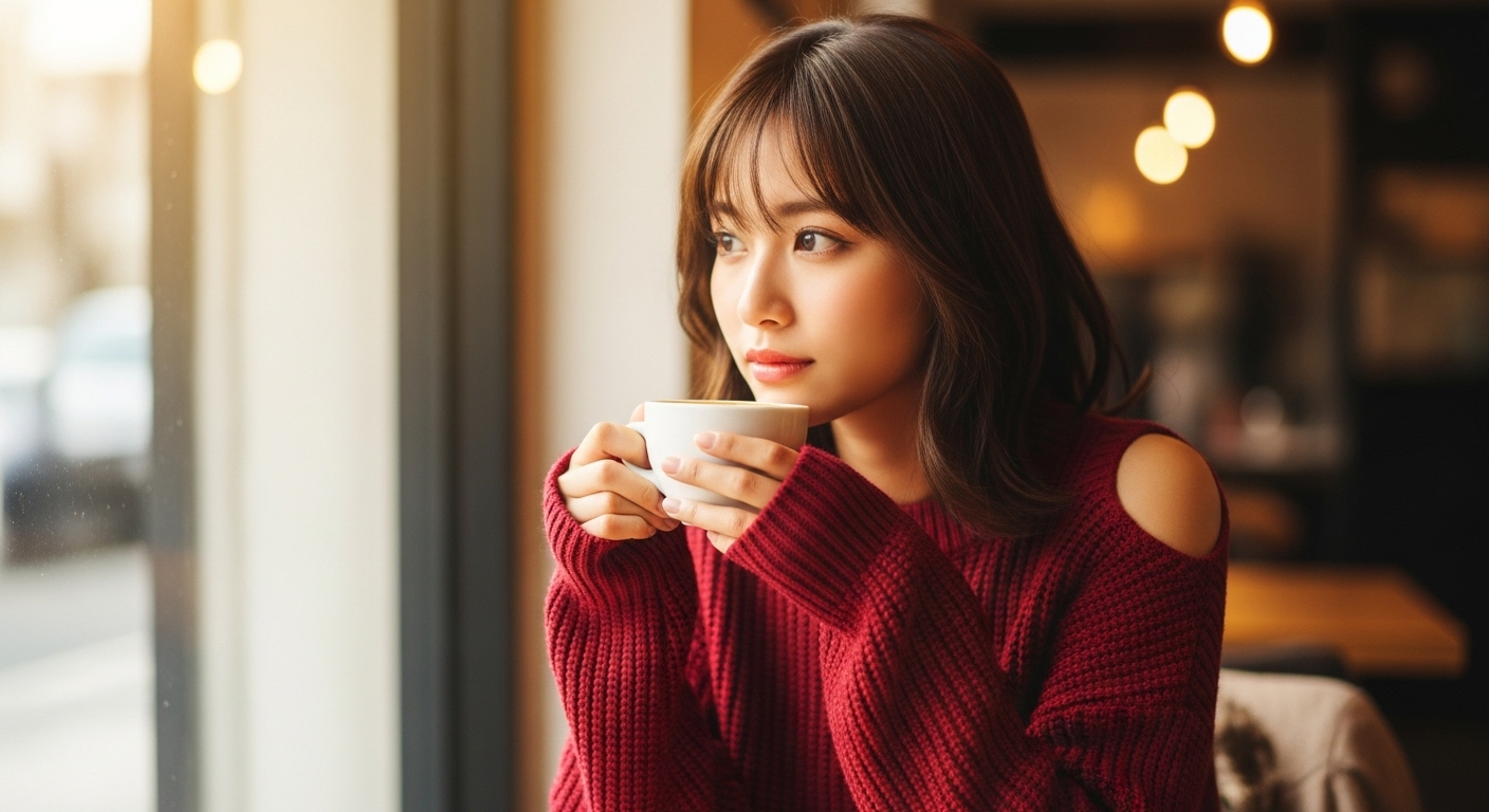 温かいカフェで、少しオフショルダーの深紅ニットを着た日本人女性がコーヒーを持つ親密な構図。アンバーの照明とボケの光。