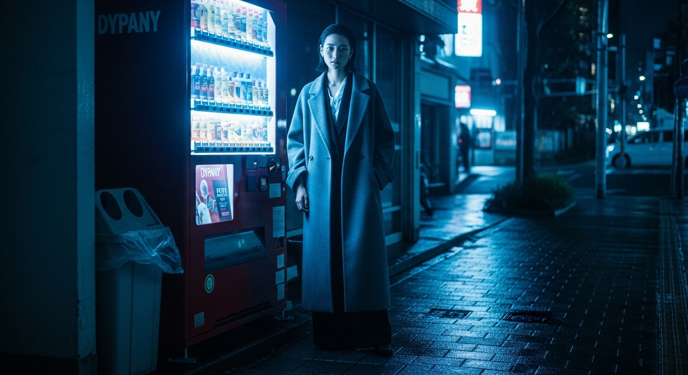 渋谷の夜、自販機の光の横で佇むモデル。長いグレーのウールコート。青いアンビエントライトと濡れた舗道の反射。