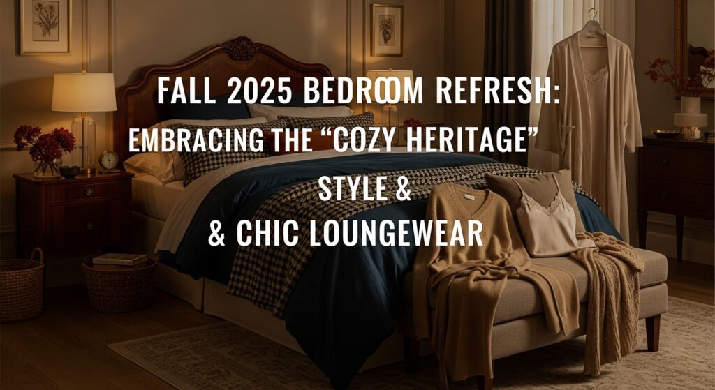 温かみのあるCOZY HERITAGEスタイルの寝室で、上質なカシミアのルームウェアを着て窓辺に座り、リラックスしながら本を読む女性。