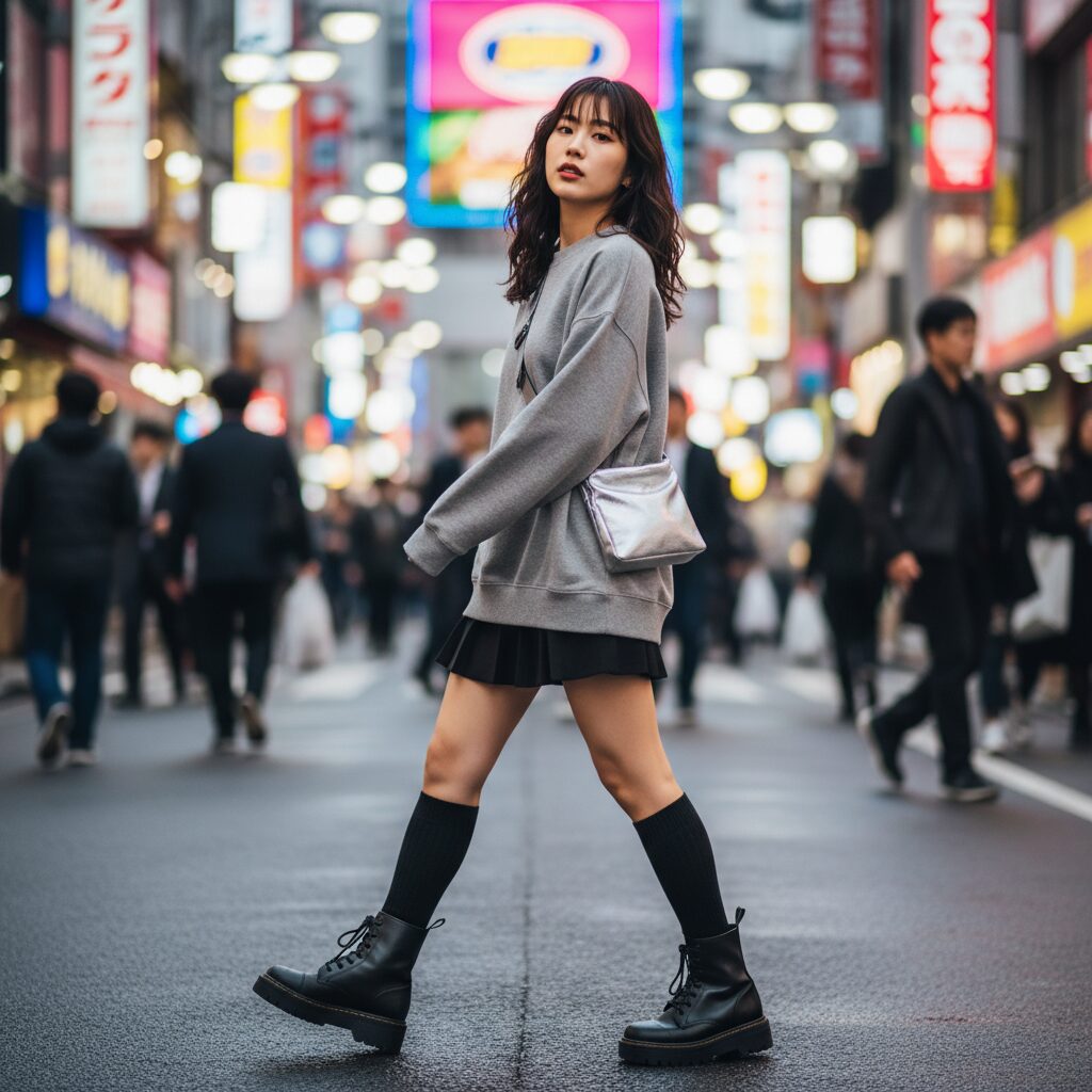 原宿の雑踏の中、グレーのオーバーサイズスウェットに黒のプリーツミニスカート、厚底のコンバットブーツを合わせた20代前半の日本人女性。シルバーのショルダーバッグを斜めがけし、背景のネオンが都会的な雰囲気を醸し出しているストリートスナップ風の一枚。